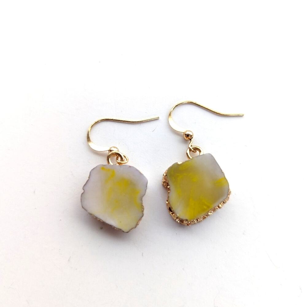 Gold Tone Gold Leaf Yellow Agate Geode Boho Hook Dangle Drop Earrings
